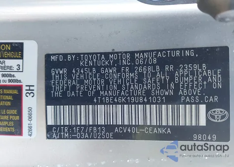 2009 Toyota Camry z USA, uszkodzony, nr VIN 4T1BE46K19U841031